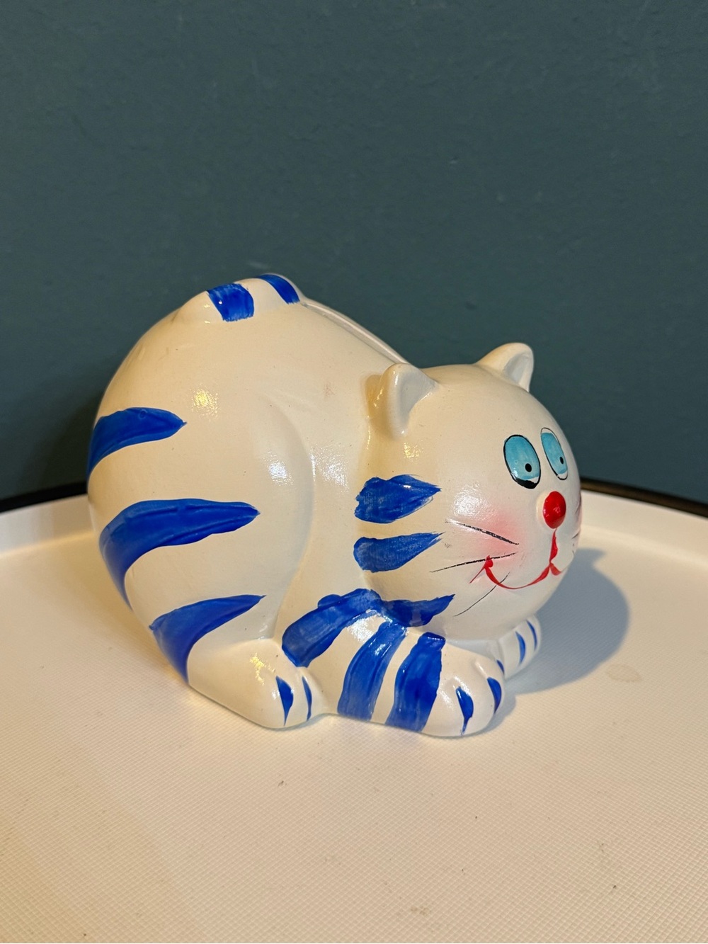 Vintage Ceramic Cat Piggy Bank - Whimsical White & Blue Striped Kitty Coin Bank